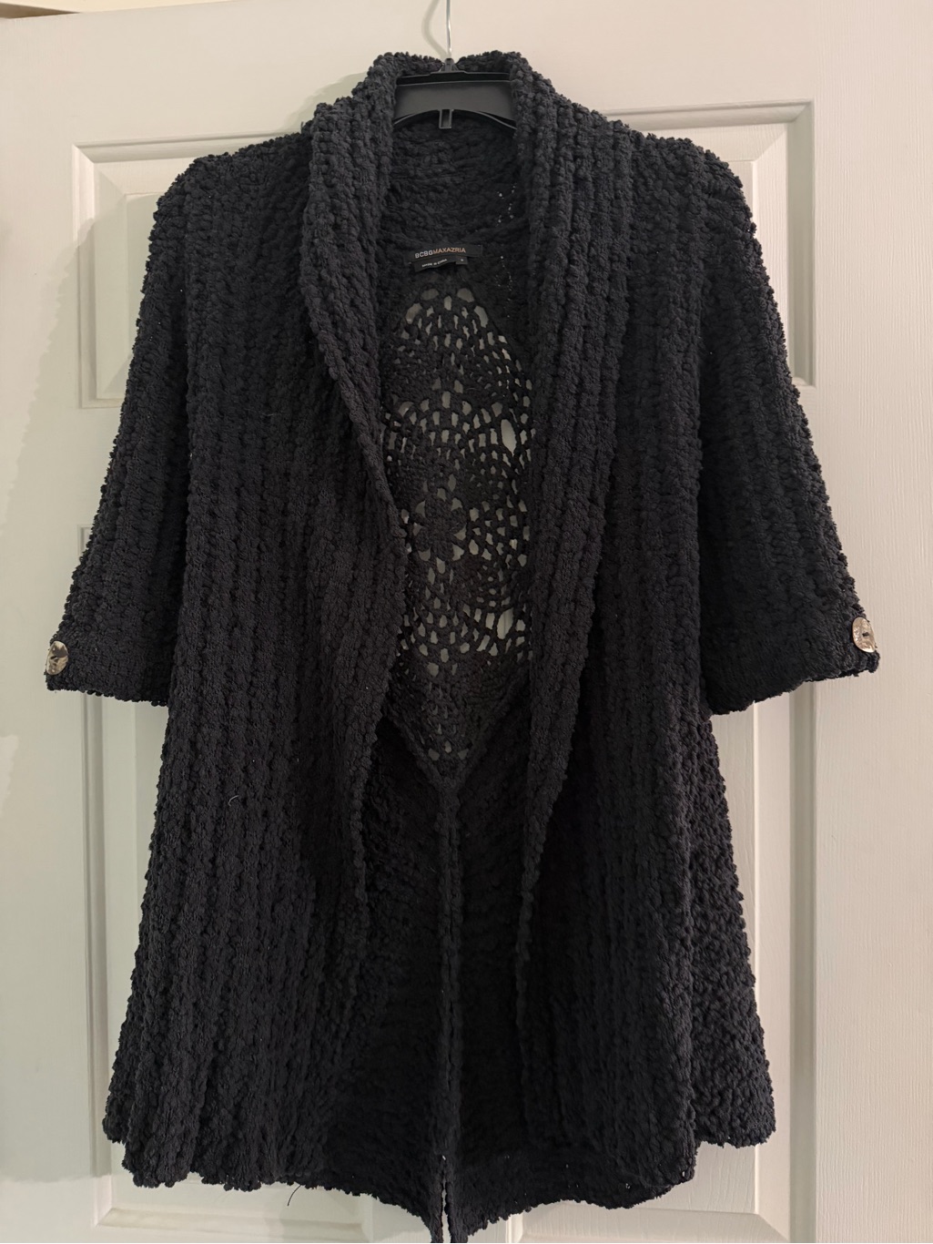 Bcbgmaxazria Black Textured Cardigan Shawl Crochet Back Small